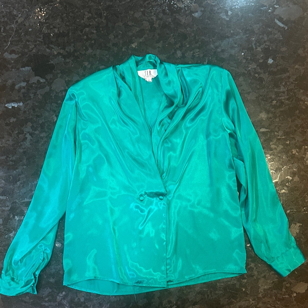Elegant Retro one of a kind Green Blouse with Draped Neckline